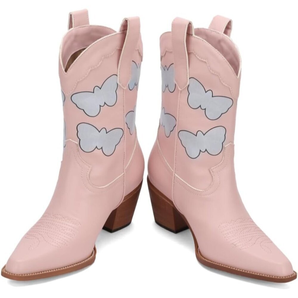 Women's Pink Mid Calf Western Cowgirl Boots Chunky Heel Square Toe Fashion